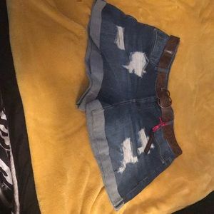 Dark Wash Distressed Denim Belted Shorts